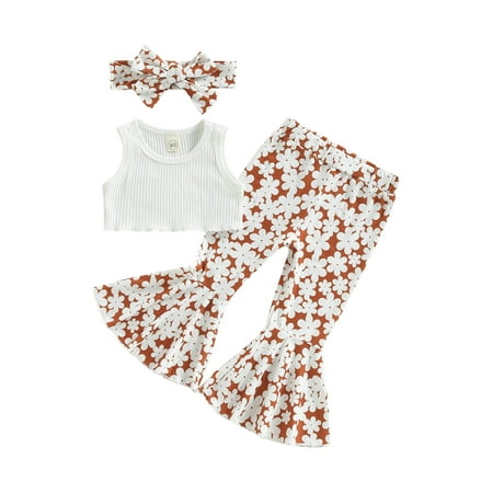 

Toddler Baby Girl Clothes Sets Knit Vest Tops Floral Print Flare Pants Summer Outfit