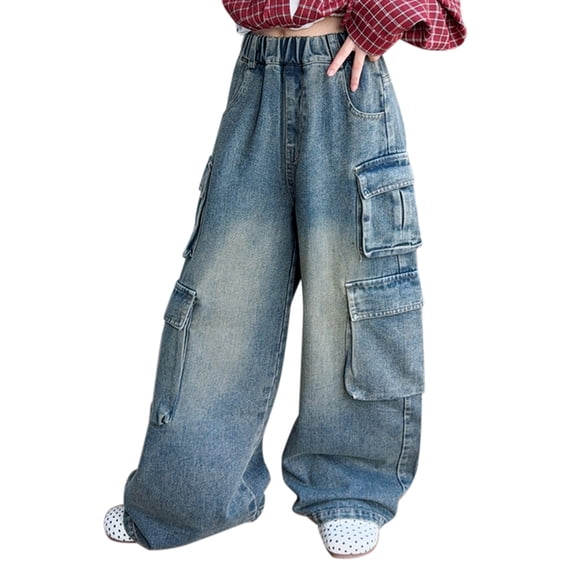 CPNG Teen Girls Solid Color Baggy Leg Wide Leg Cargo Denim Pants Trendy Loose Casual Denim High Waist Cargo Jeans(Light Blue,15-16 Years)