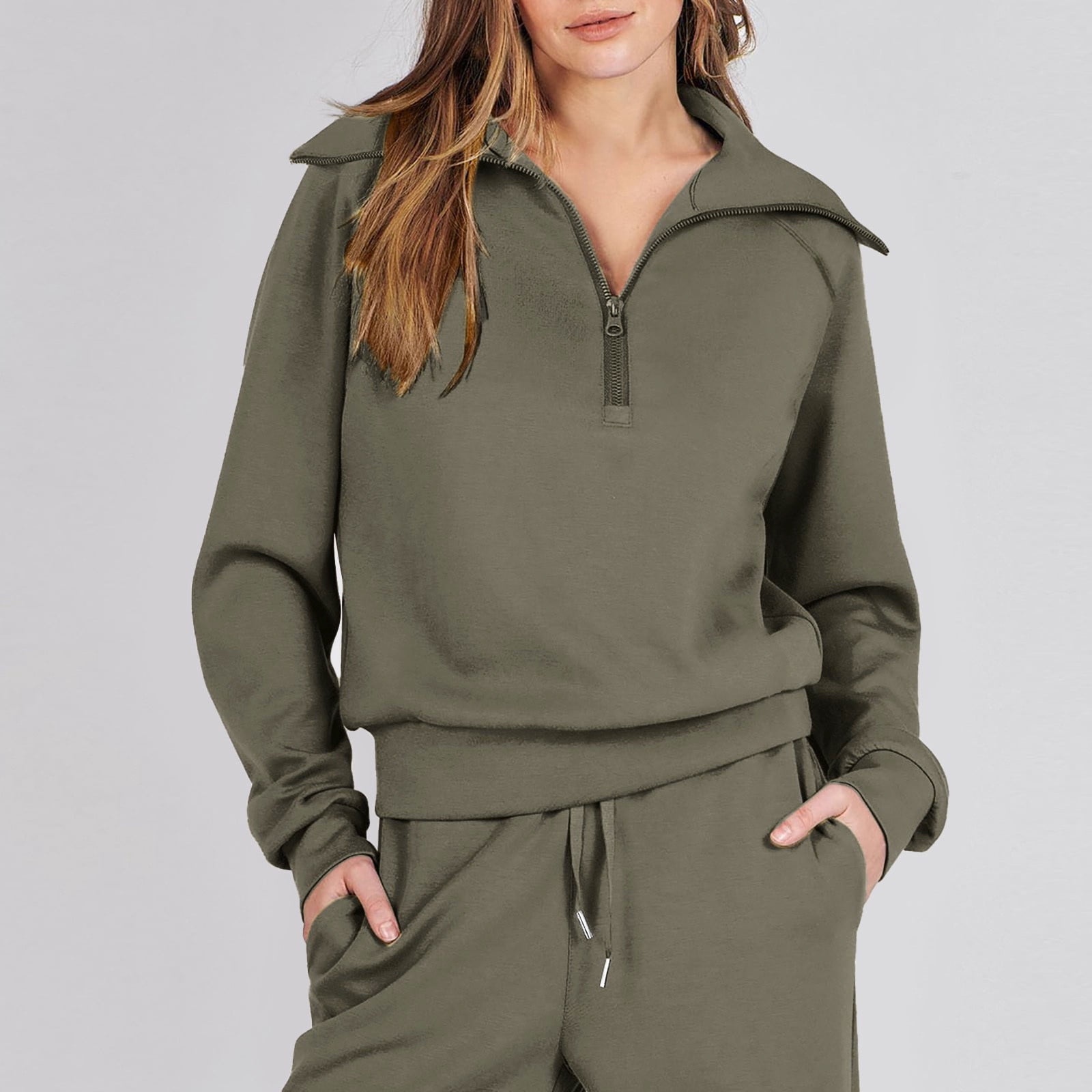CILENON Conjunto De 2 Piezas Para Mujer Women Two Piece Outfits Sweatsuit Set Quarter Zip Sweatshirt Wide Leg Sweatpant Fall Set Tracksuit Womens Clothing Set Womens Jogger Set (Army Green,M)