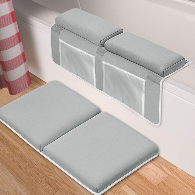 FTCBJJA Juego de Colchoneta para Reposabrazos y Rodilla para Baño de Bebé, 4 Bolsillos Organizadores de Juguetes Incorporados, Tapete de Rodilla de Baño Antideslizante Indoloro de 1,5" de Grosor para Bañar a Bebé O Mascota (Gris Claro)