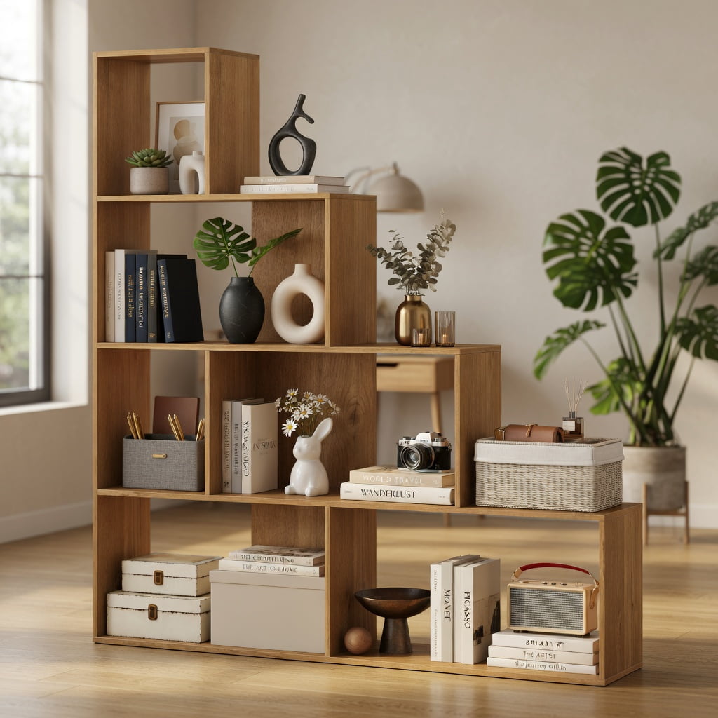 Yardi Yard 6 Cubes Ladder Shelf Corner Bookshelf Storage Bookcase-Natural, Tall Bookshelf, Bookshelf for Living Room, Home Office, Bedroom, Balcony