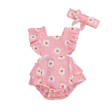 

Jkerther Newborn Baby Girl Clothes Ruffle Backless Floral Print Romper + Headband Outfit Baby Jumpsuit Clothes