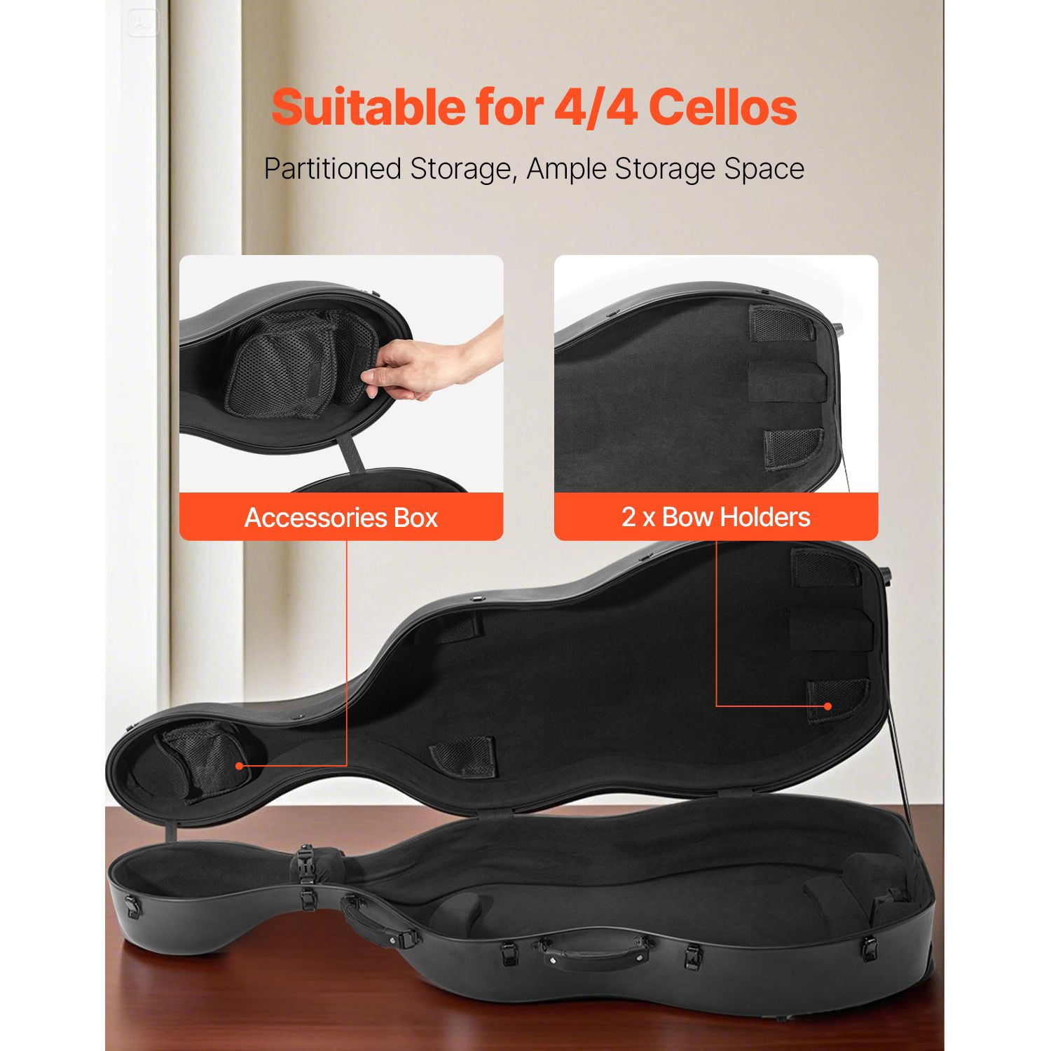 4/4 Full Size Cello Case, Composite Carbon Fiber, Lightweight Portable Travel Carrying Bag, with Plush Lining, Dual Shoulder Straps, Anti-Scratch, Professional Cello-Shape, for Cello, Black