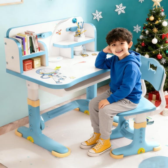 YNCE Kids Functional Desk and Chair Set, Study Desk for Children, Height Adjustable Children School Study Desks with Storage Drawer for Boys Girls