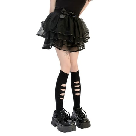 

Women Lolita Knee High Socks Asymmetrical Distressed Ripped Hole Calf Stockings