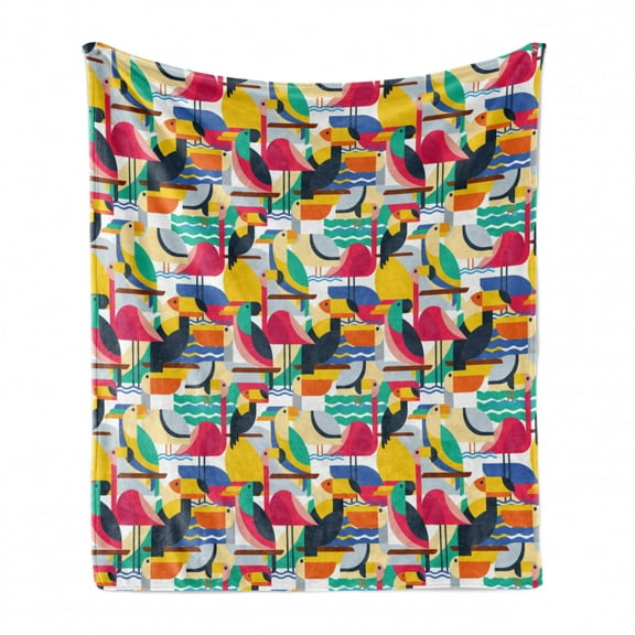 Birds Soft Flannel Fleece Throw Blanket, Futuristic Design of Contrast Colored Toucan Cockatoo Parrot Flamingo and Pelican, Cozy Plush for Indoor and Outdoor Use, 50" x 60", Multicolor, by Ambesonne