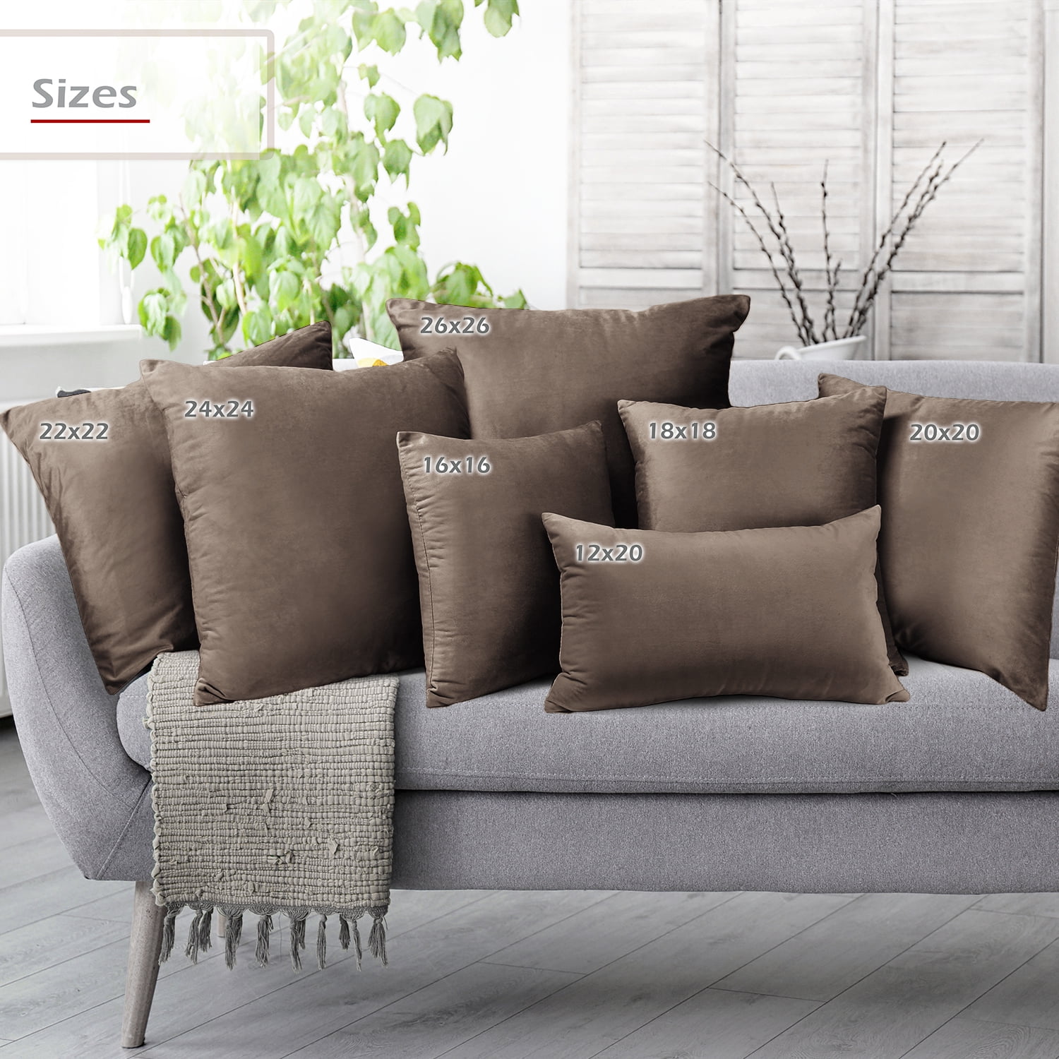 Clara Clark Plush Solid Decorative Microfiber Square Throw Pillow Cover with Throw Pillow Insert for Couch, Brown, 20"x20"", 4 Piece Decorative Soft Throw Pillow Set