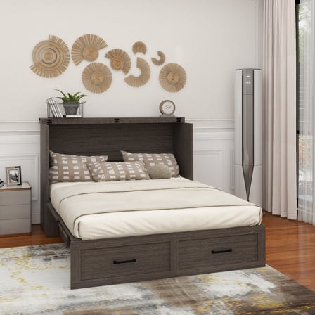 Queen Size Farmhouse Murphy Cabinet Bed with Charging Station, Foldable Platform Bed with Large Storage Drawer for Guest-Room, Small Bedroom, Rustic Gray