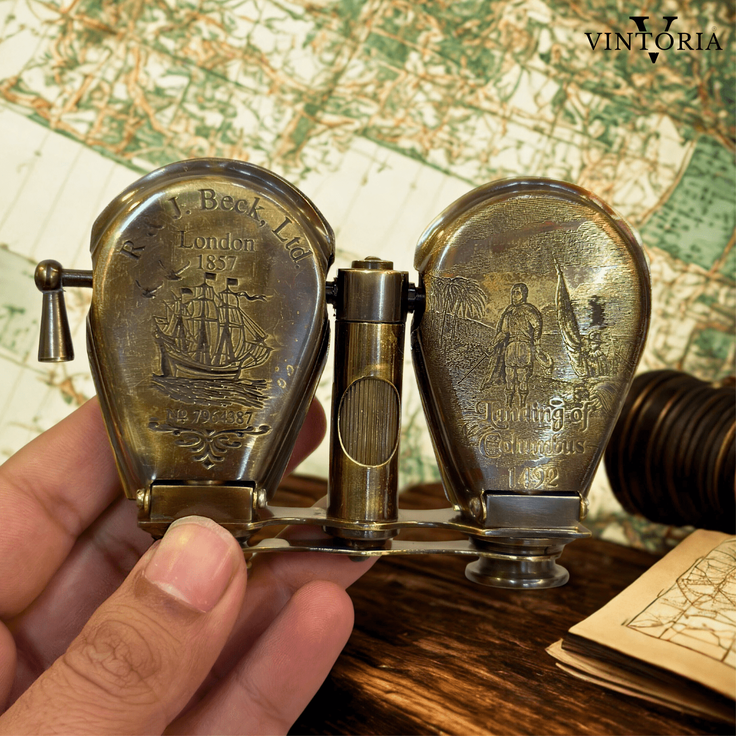 Brass Binoculars with Leather Case Columbus Engraved