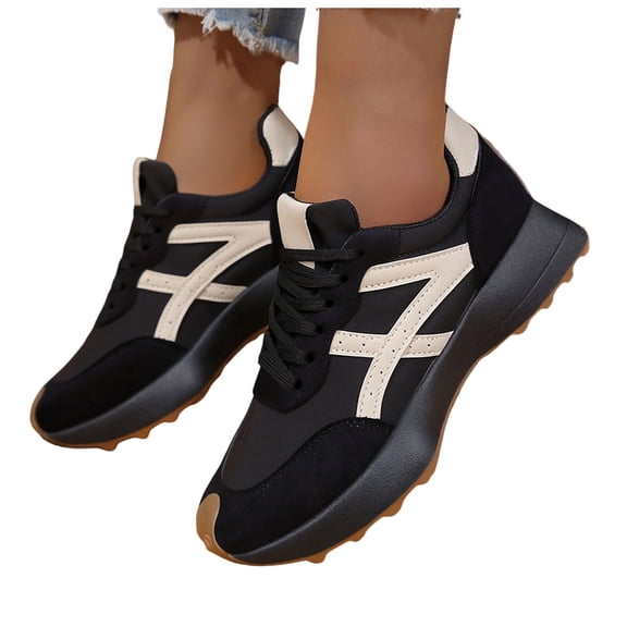 Rokment Vintage Fashion Sneakers for Women Comfortable Leather Suede Patchwork Athletic Non Slip Running Walking Tennis Skate Shoes Height Increasing Black Size 6.5