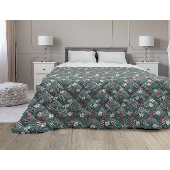 Peonies Down Alternative Comforter, Vintage Style Blooming Spring Flowers Pattern, Microfiber Quilt for All Season, 5 Sizes, Dark Grey Green, by Ambesonne