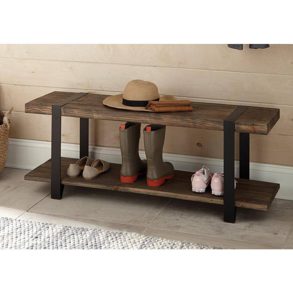 Alaterre Furniture Modesto 48" Solid Wood Entryway Bench with Storage Shelf, Rustic Natural Finish with Black Metal Legs and Strap Accent, Farmhouse Accent Bench for Entryway or Dining