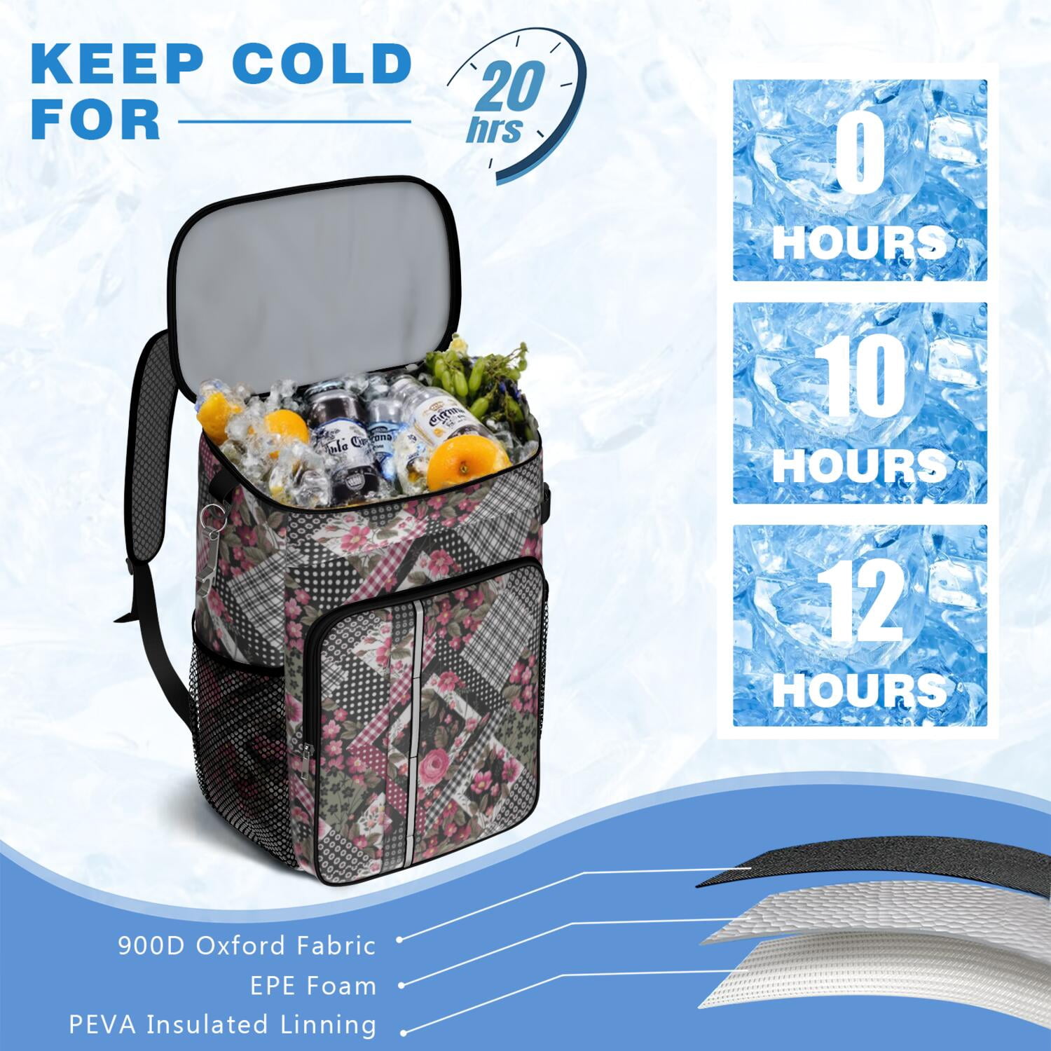 Travel Cooler Bag - Pioneer Flower Camping Beer Cooler Backpack with Bottle Opener- Waterproof Insulated Picnic Backpacks - Cooler Bag for Beach