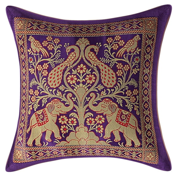Stylo Culture Ethnic Sofa Throw Pillow Cover 12 x 12 Jacquard Peacock Purple Square 30x30 cm Living Room Toss Pillow Case Brocade Elephant Zippered Cushion Cover | 1 Pc