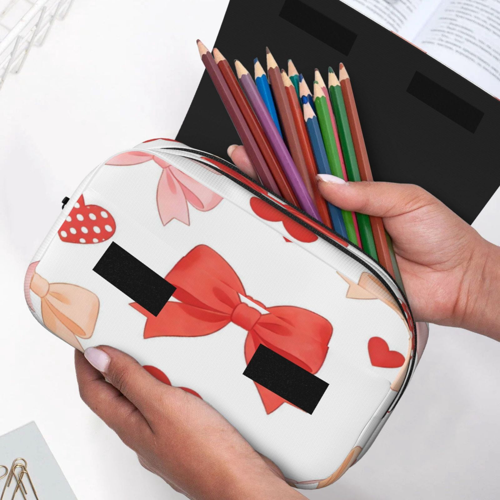 Large-Capacity Flip-Top Double-Layer Pencil Case, Multi-Functional Pocket Pen Case, Durable Stationery Organizer Sweet Love Bow Heart White