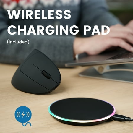 Perixx PERIMICE-713RX Wireless Rechargeable Vertical Mouse - Duo Wired and Wireless Charging Feature - Wireless Charging Pad Included - 6 Buttons Design - Black - Right-Handed Design