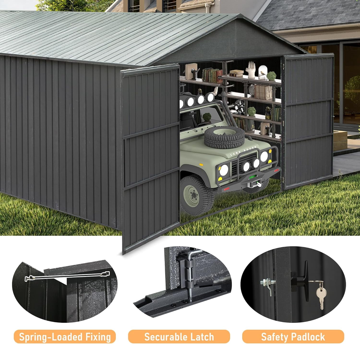 TOTAL Outdoor 12x25FT Outdoor Metal Garage Shed, Extra-Large Steel Carport with Lockable Double Doors, Heavy-Duty Car Shelter for Cars, Trucks, Motorcycles, and Lawn Equipment, Dark Grey