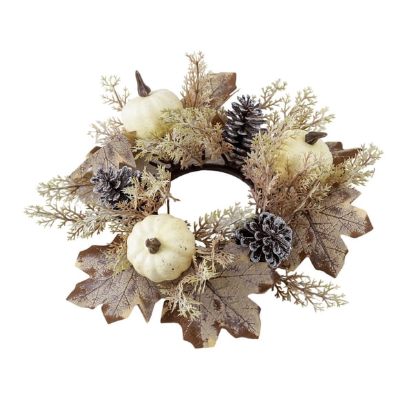 Autumn Pumpkin and Pinecone Wreath Candle Holder – White Fall Decor for Thanksgiving and Halloween