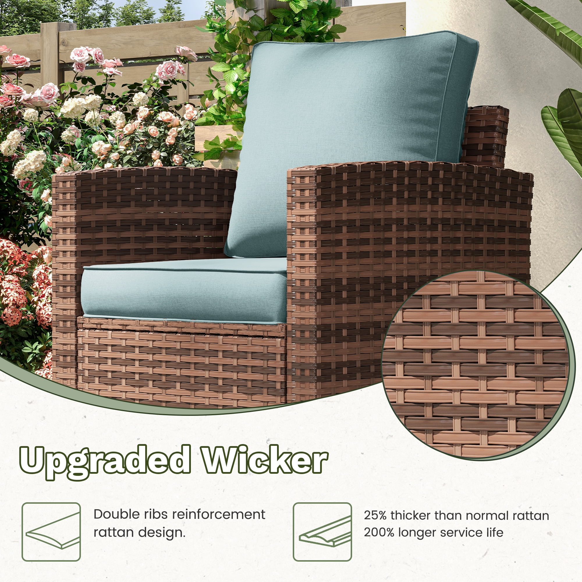 Poteban Patio Furniture Set with 44" Fire Pit Table, 6 Pieces Outdoor Sectional Conversation Sets, All-Weather Wicker Rattan Sofa Ottoman with 4" Thick Cushion for Garden Backyard Deck, Light Blue