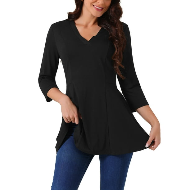 INSPIRAR CHIC Blusas Básicas de Mujer con Cuello en V y Manga 3/4 con Bolsillos, Corte Suelto, Color Negro