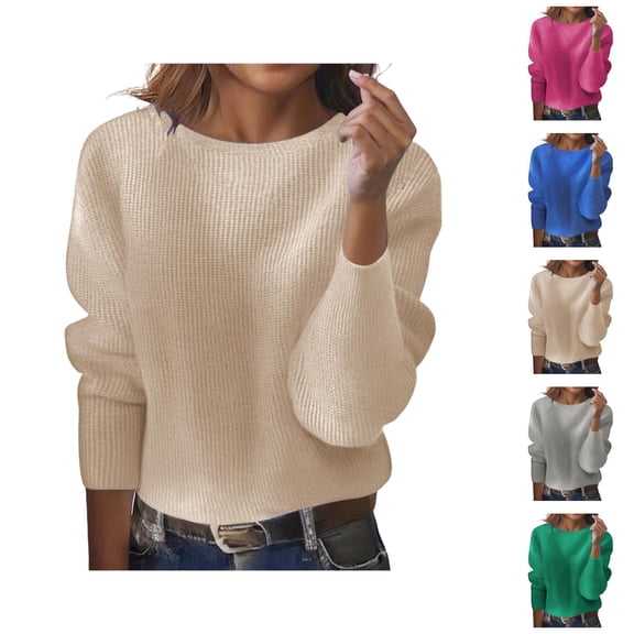 Cropped Sweaters for Women Long Sleeve Crewneck Loose Casual Ribbed Knit Pullover Sweater Lightweight Fall Tops