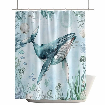 Shower Curtains for Bathroom-36"x72",Beach Cyan Whale Coral Shell Waterproof Bath Curtain Grommet Shower Curtain Set with Hooks,Summer Coastal Ocean Theme Washable Bath Accessories