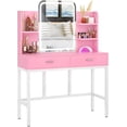 thumbnail image 6 of Homieasy Vanity Desk with LED Lighted Mirror, Makeup Desk with 5 Storage Shelves & 2 Drawers, Vanity Table, Modern Dressing Table with 3 Color Lighting Options,Pink, 6 of 7