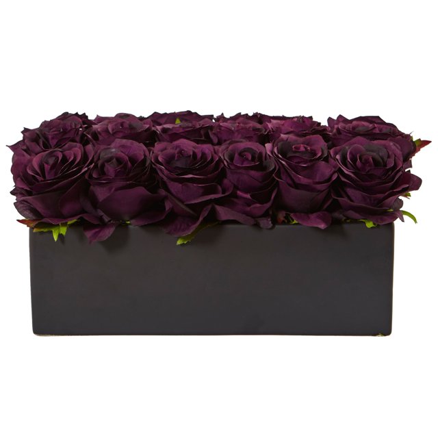 Nearly Natural 1487-PE N/A Dozen Silk Roses in Rectangular Planter, Purple Elegance