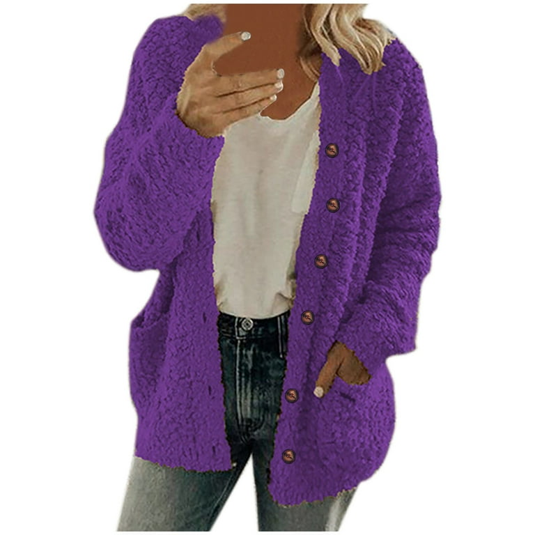 Sweater Coat Women Casual Plus Size Plush Sweater Pockets Outerwear Buttons  Cardigan Coat Purple M