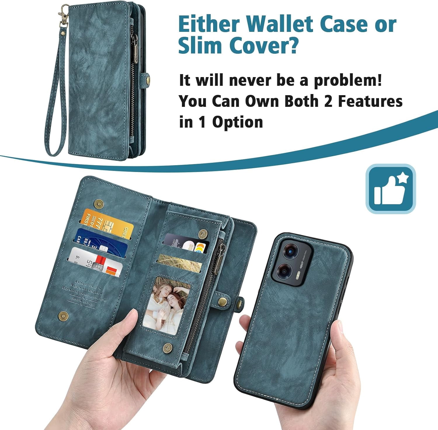 Asuwish Phone Case for Motorola Moto G 5G 2023 Zipper Wallet Detachable Cell Cover with Tempered Glass Screen Protector Crossbody Lanyard Strap Flip Card Holder Slot G5G 5 G G5 Women Men Girls Blue