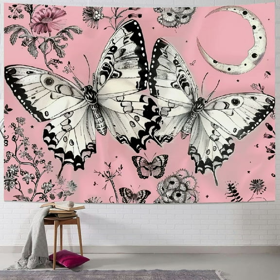 PRATYUS Aesthetic Butterfly Tapestry Boho Moth Tapestry Flowers Plants Tapestries Pink Garden Tapestry Sun and Moon Tapestry Wall Hanging Decor for Room Painting