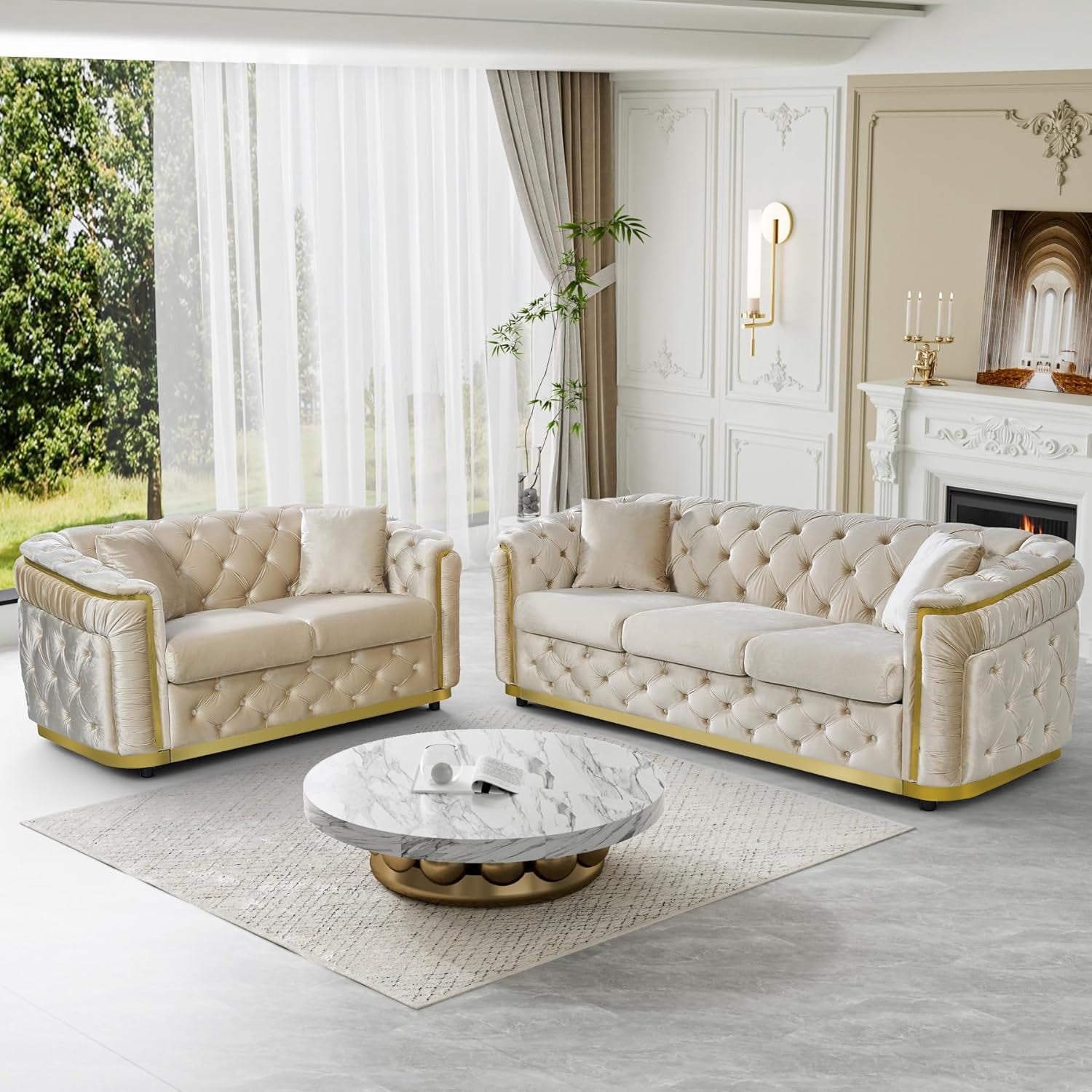 Wiilayok 84.6" Velvet Button Tufted Sofa,Mid-Century Classic Chesterfield Sofa Couch with Thick Backrest&Armrest,Gold Steel Accents,3 Seat Sofa Couches for Living Room,Beige