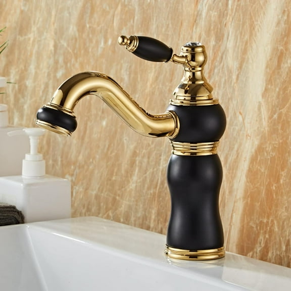 Bathroom Faucet Antique Brass, 360 Degree Swivel Spout Bathroom Sink Faucet, Single Handle Basin Mixer Tap for Hot and Cold Water, Black Gold