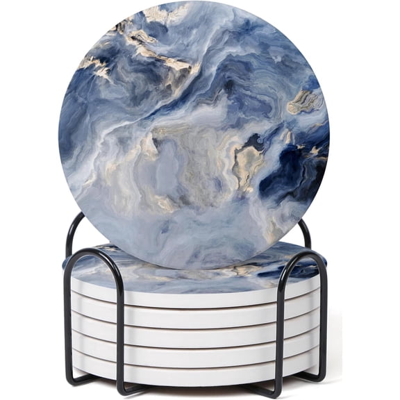 Set of 6 Abstract Navy Blue Marble Coasters with Holder, Absorbent Ceramic Drink Coasters for Table Protection, Housewarming Gifts for New Home