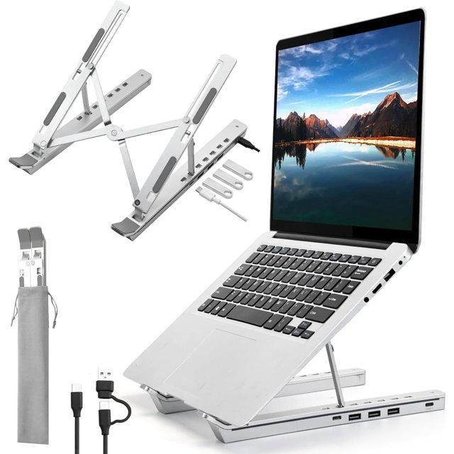 Laptop Stand with USB、Type C and RGB Lights Aluminum Adjustable Foldable Laptop Stand for Desk Ergonomic Portable Laptop Riser Holder Compatible with Laptops and iPad . Si
