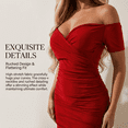 thumbnail image 2 of Women's Elegant Ruched Bodycon Midi Dress Off Shoulder Short Sleeve Cocktail Evening Dress, 2 of 5