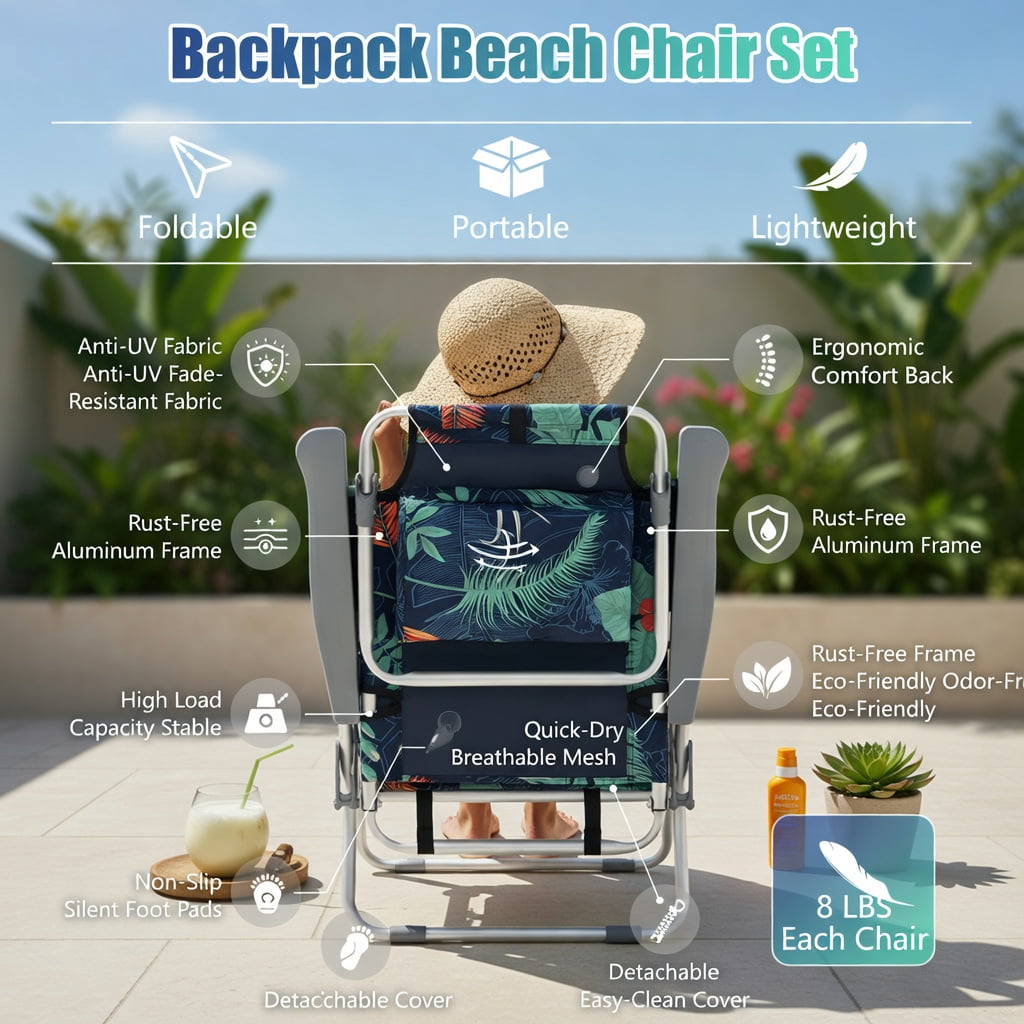 Hommoo 2-Pack Foldable Beach Chair with Adjustable Backrest, Head Pillow & Carry Bag, Multicolor