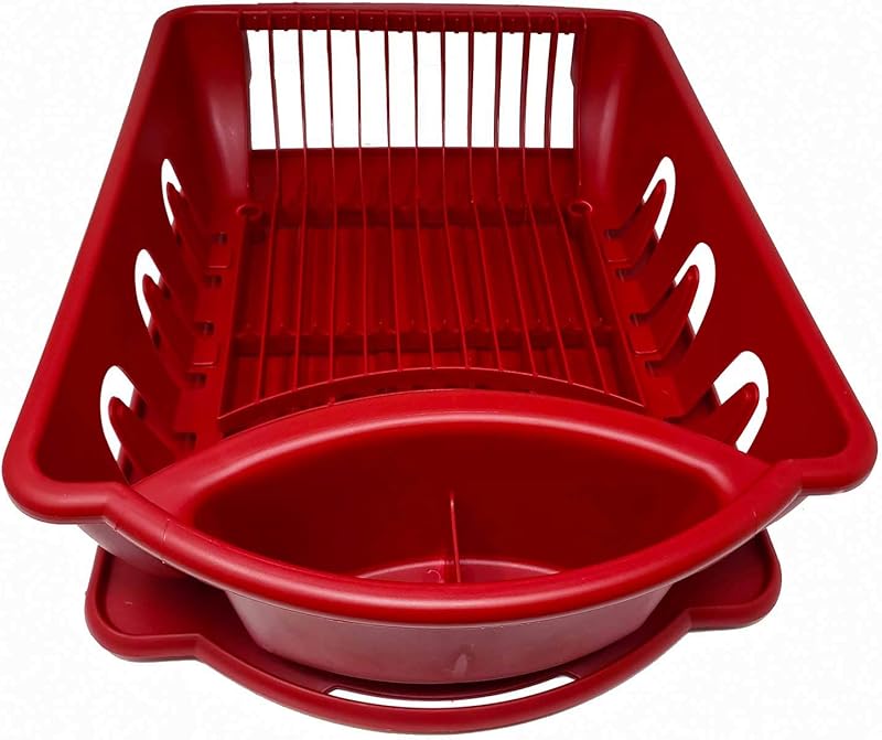 Sturdy Hard Plastic Red Sink Set Dish Rack with Drainer & Drainboard, Easy to Clean with Snap Lock Tab Cup Holders for Home Kitchen Sink Organizer (Red, Medium)