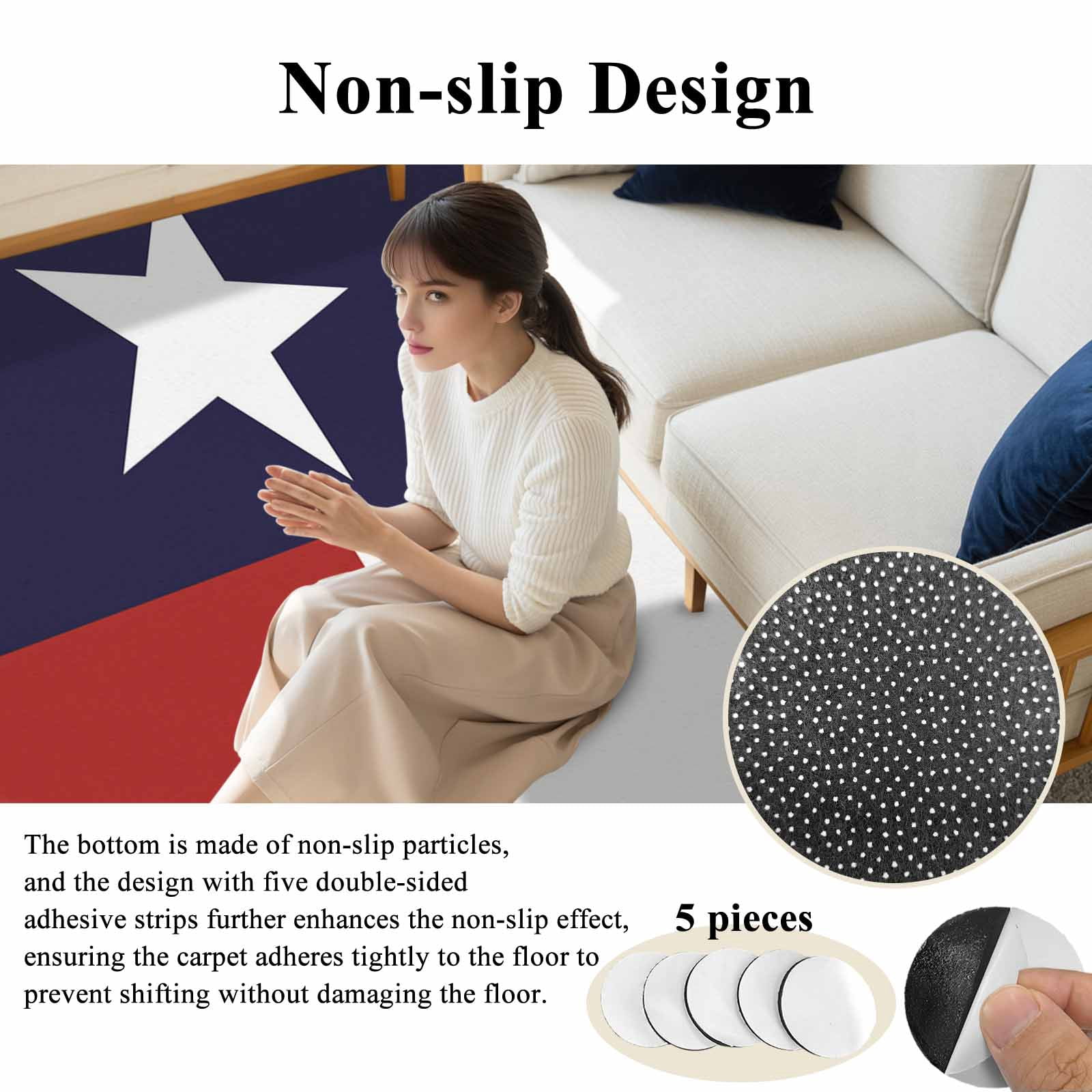 Entrance Runner Rug 2'x3', Blue Red White Texas Flag with Star Non-slip Doormat for Indoor Outdoor Entrance, Minimalistic Geometric Stripe Throw Floor Mat for Front Door/Living Room/Bedroom/Bathroom