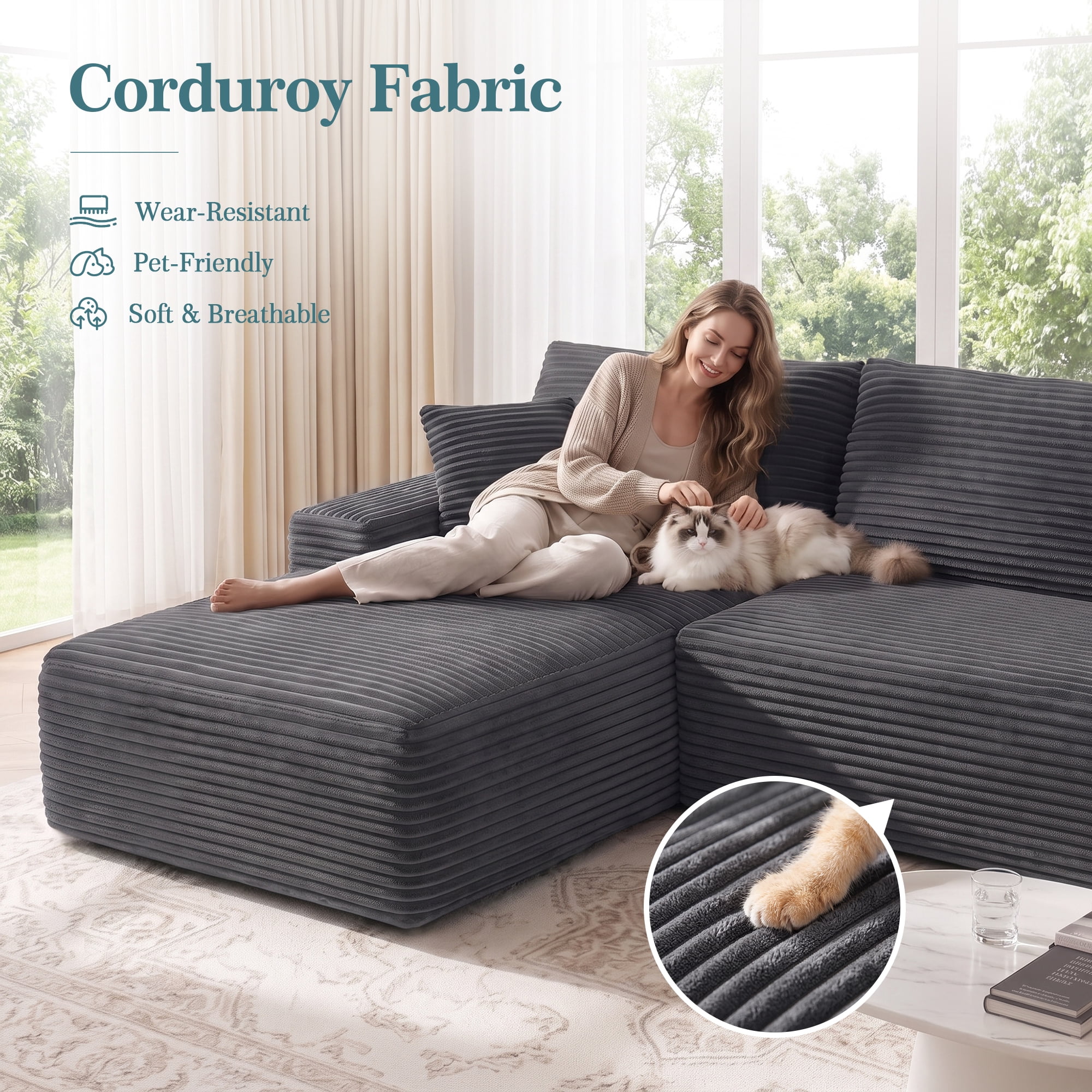 Aukfa 107" Boneless Modular Sectional Sofa, L-Shaped Corduroy Couch with Deep Seat and Left-Facing Chaise for Living Room, Gray