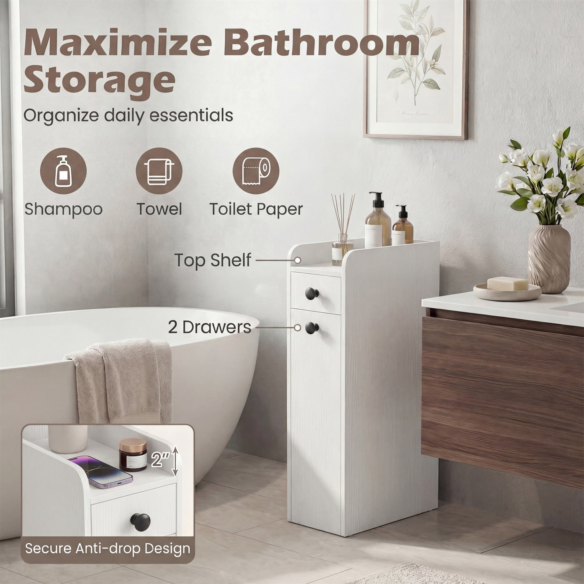 ELLEGNT Bathroom Storage Cabinet on Rolling Wheels – Slim Design, Slide-Out Drawer, Spacious Top, White