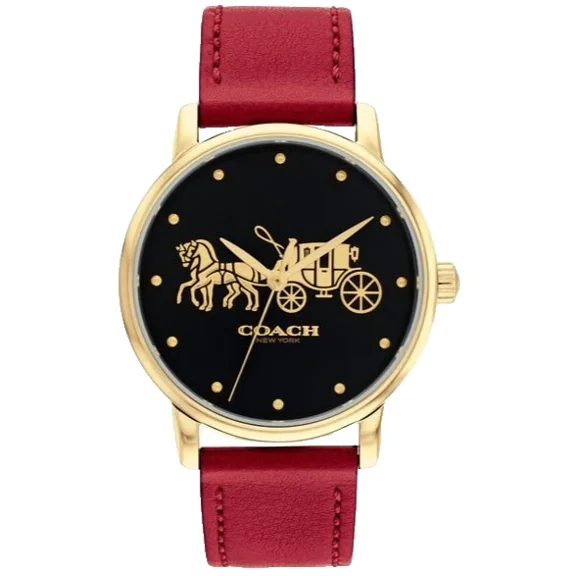 Coach Grand Black Dial Carriage Design Red Leather Strap Womens Watch