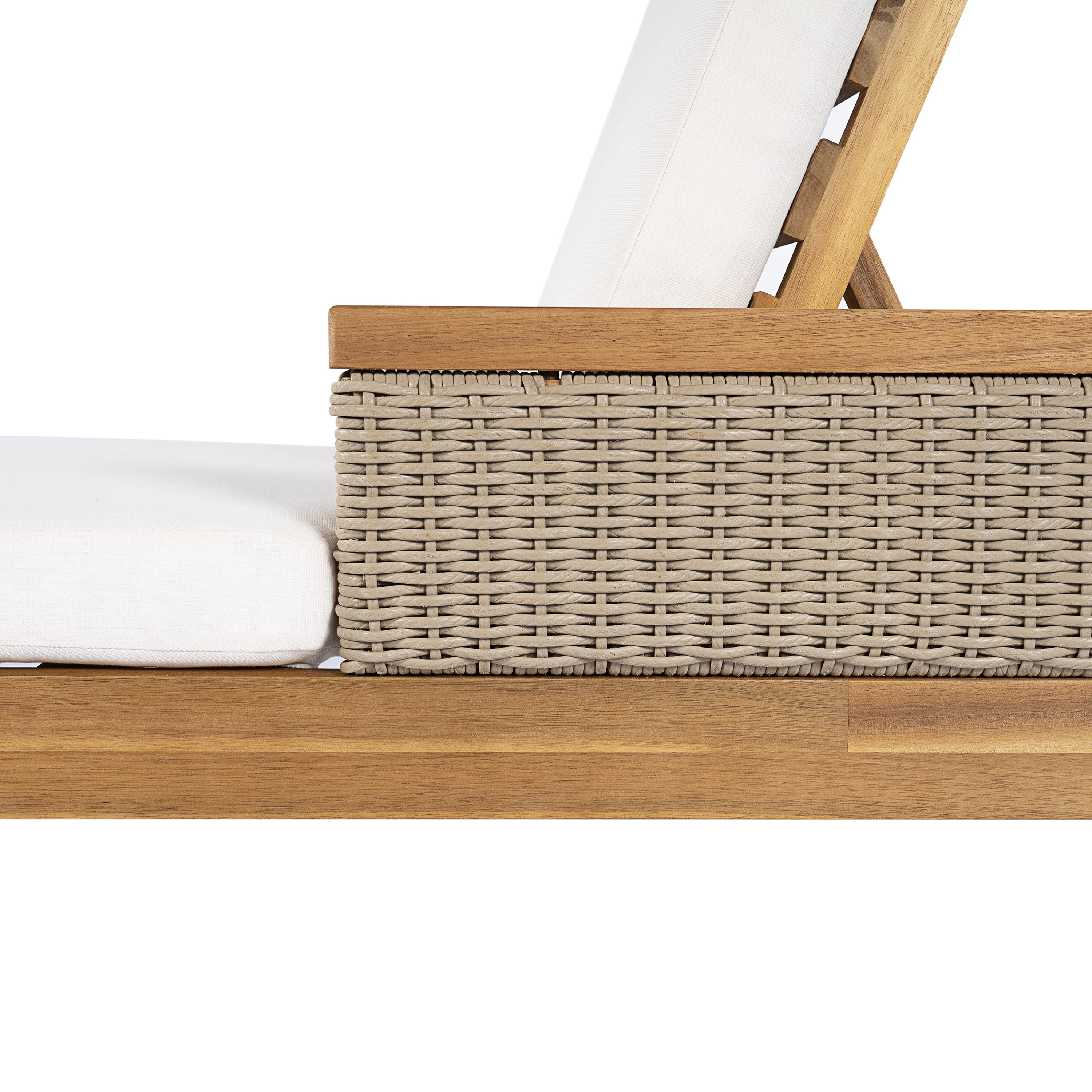 Euroco 76.7" Outdoor Chaise Lounge Chair, Acacia Wood Patio Chaise Lounge Recliner with 4-Position Adjustable Backrest,Thick Cushions & Wicker for Poolside Backyard Deck Porch,Beige