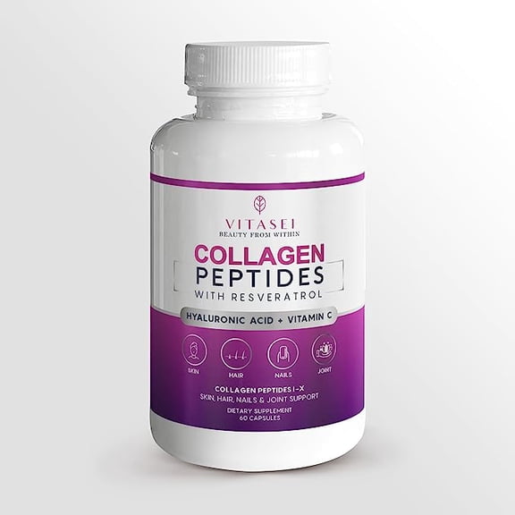 VITASEI Collagen Peptides Supplement W/Resveratrol-Vitamin C, Hyaluronic Acid for Skin Elasticity & Firmness, Dietary Supplement for Hair, Nails & Joints, Anti-Aging Pills for Men & Women-60 Capsules