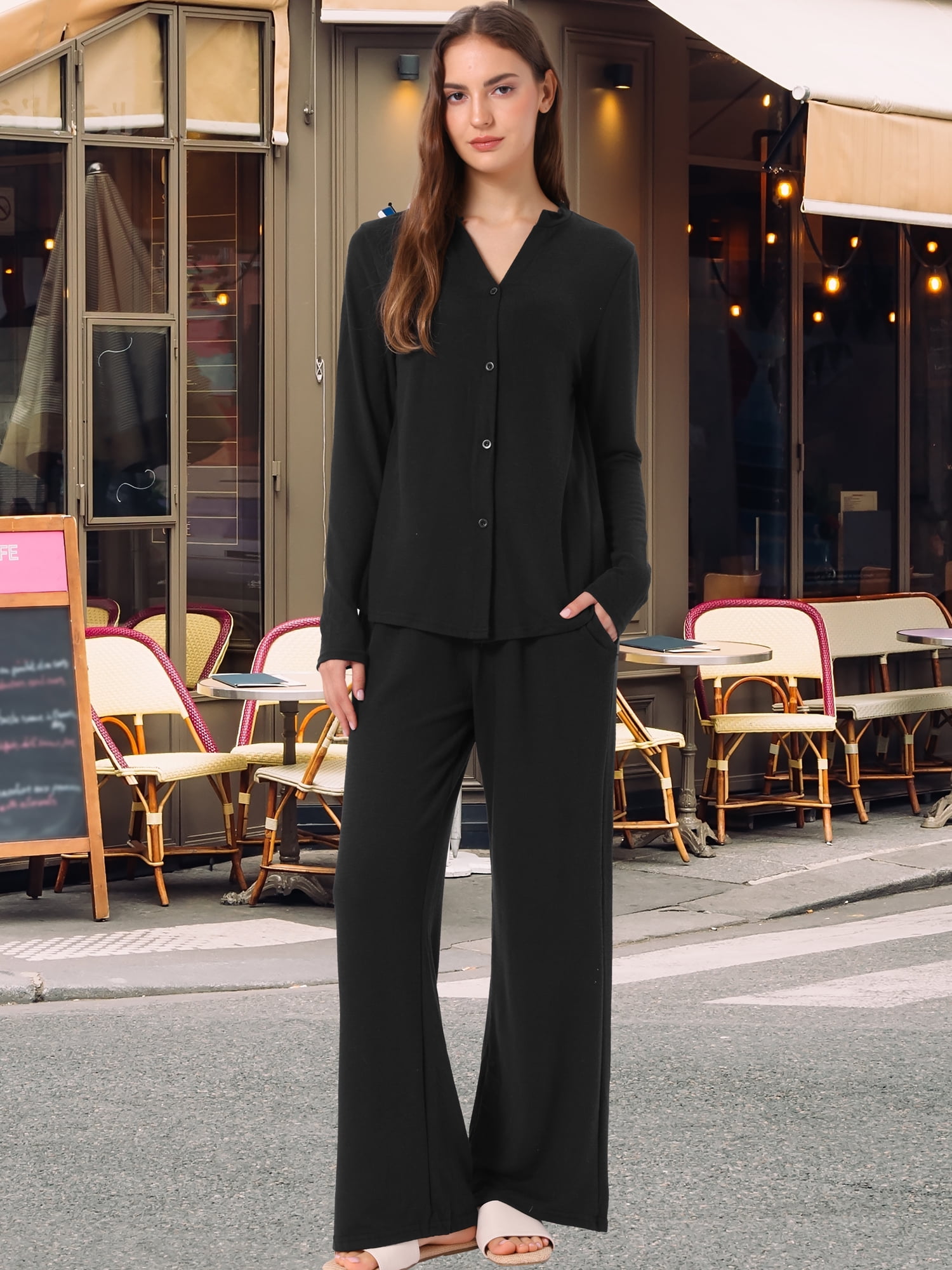DARING DIVA Women's Sleepwear Pajamas Knit Button Down Tops and Pants with Pockets L Black