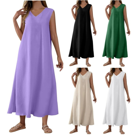 THDHVS Maxi Dresses for Women 2025,Women's Casual Dresses,Women's Texture Sleeveless Seaside Dress Sleeveless V-neck Dress Purple 2XL