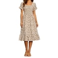 thumbnail image 3 of VBVC Women's Smocked Square Neck Floral Midi Dress , Ladies' Short Puff Sleeve Tiered Dress , Summer Casual A-Line Dress For Women, M-4XL, 3 of 7