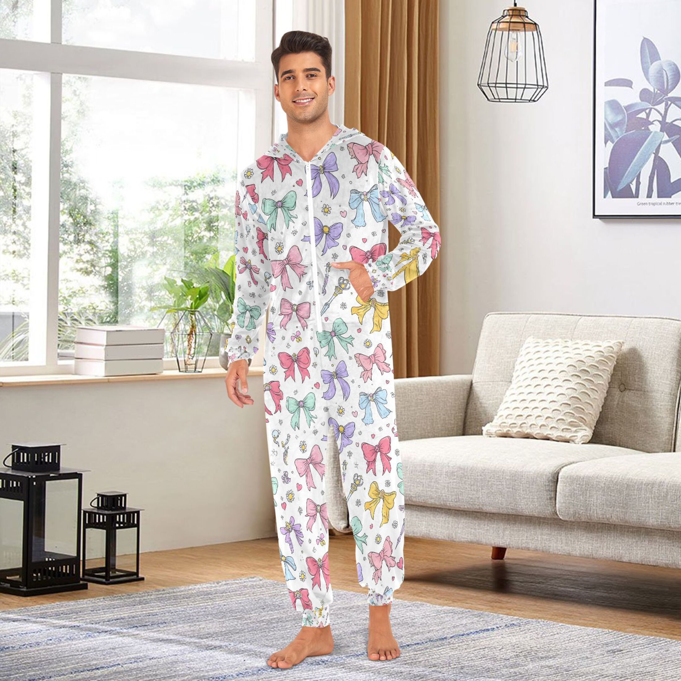 Adult Christmas Onesie Cute Colorful Bows Adult Zipper One-Piece Pajamas Unisex Pajamas with Pockets