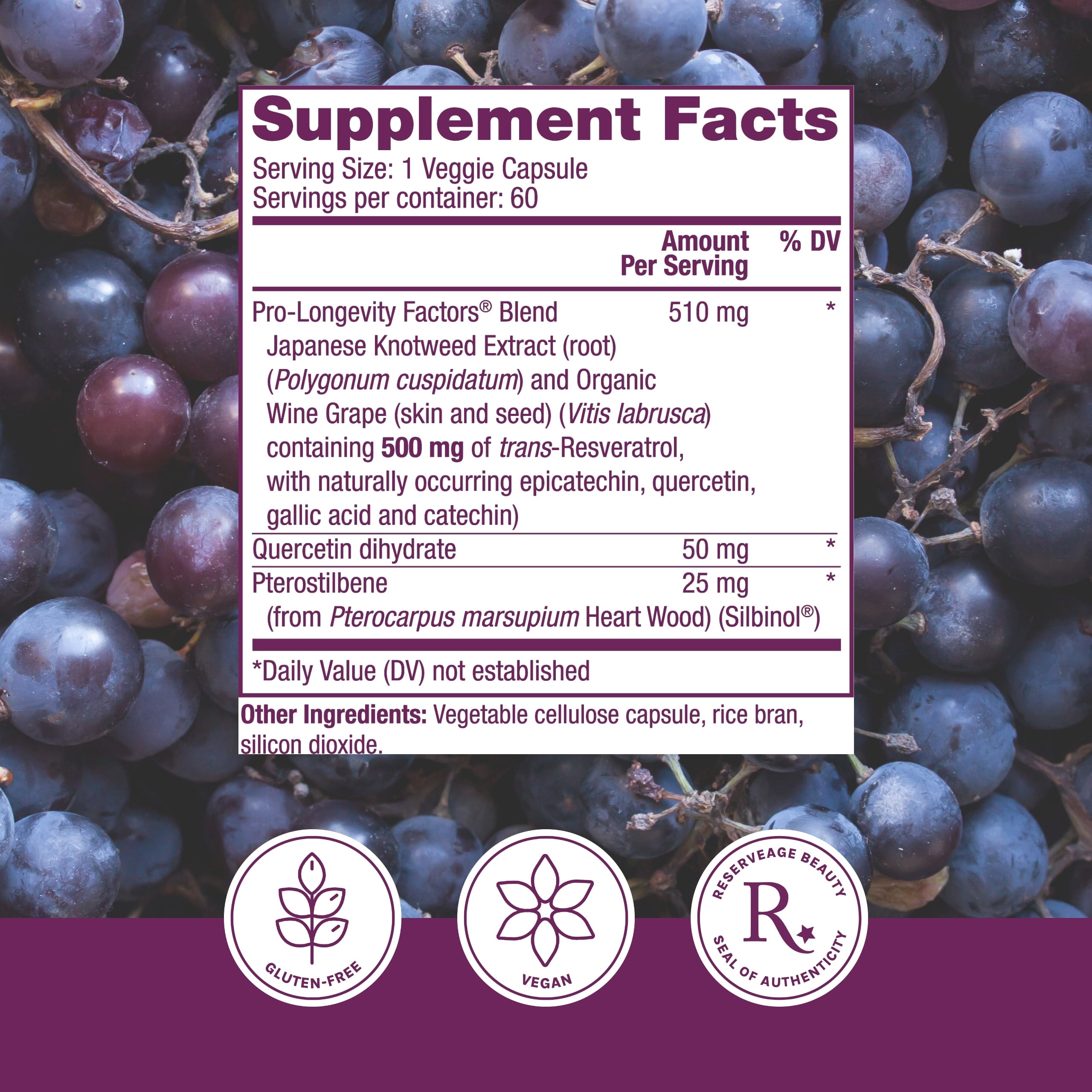 Reserveage Beauty, Resveratrol 500 mg with Pterostilbene, Antioxidant Supplement for Immune Support & Heart Health, Supports Healthy Aging, Paleo, Keto, 60 Capsules (60 Servings)
