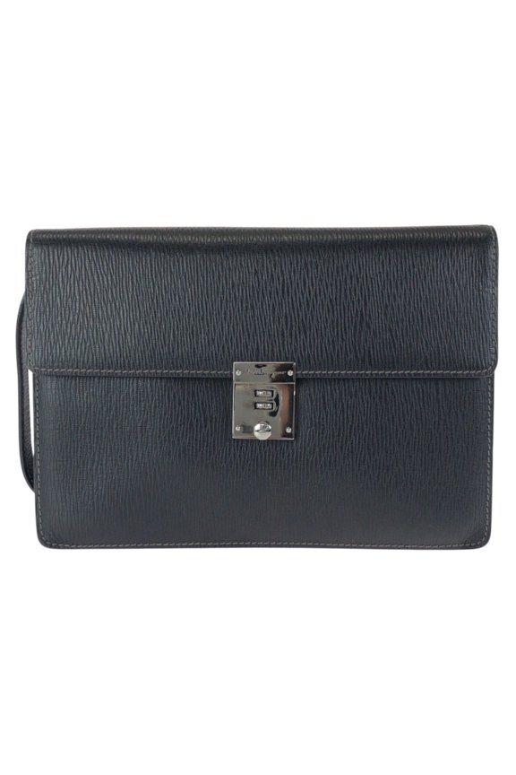 Pre-Owned Salvatore Ferragamo black leather clutch bag with silver hardware, dial lock, men's.
